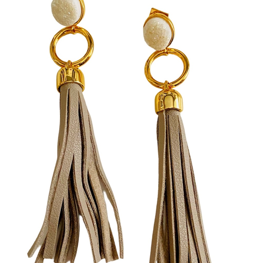 NEW Alexis Bittar Druzy Quartz and Leather Tassel Earrings $425 USD